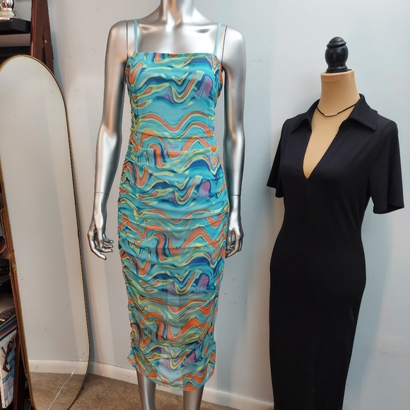 Wild Fable Wave Print Ruched Mesh Bodycon Dress - Picture 3 of 15